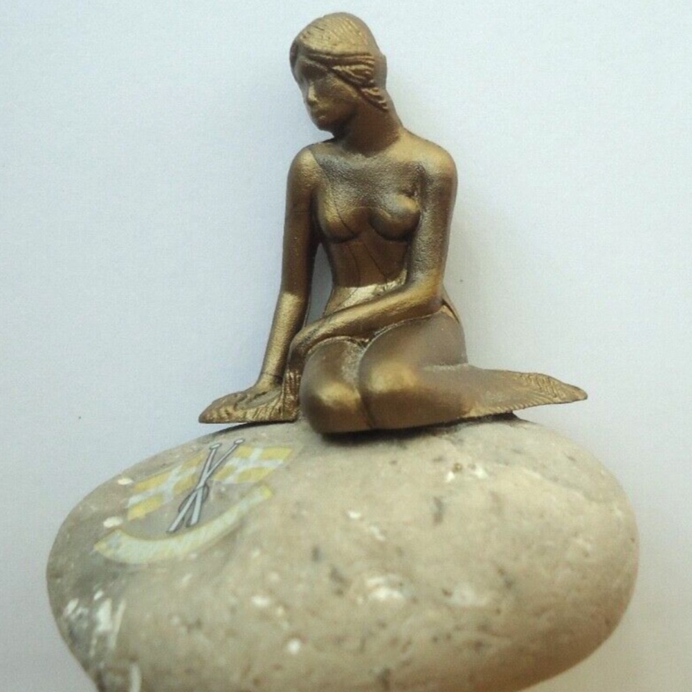 Vintage Art Deco Bronze Mermaid Sitting on a Stone Rock Copenhagen Denmark 2x2"